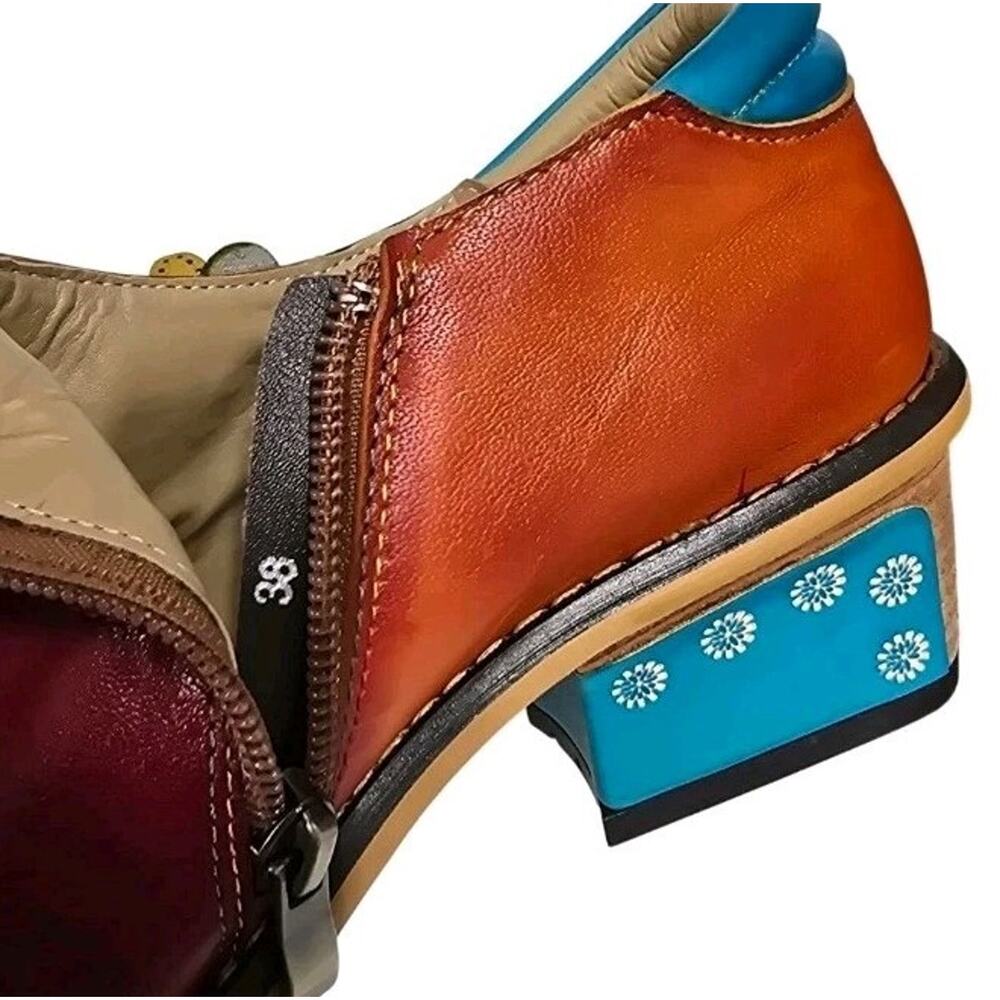 Socofy Women's Size 38 Floral Patchwork Leather Mary Jane Block Heel Shoes Zip - Picture 7 of 12